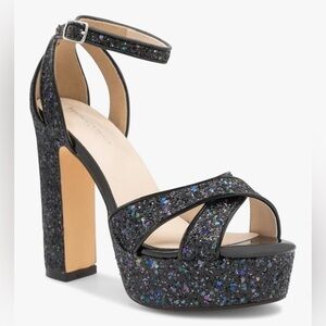 NWT- Benjamin Walk Black Glitter  Women's Glam Heeled Sandal-4.5inch Block Heel.